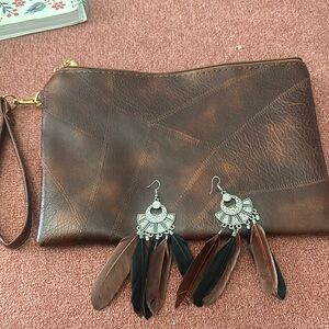 Brown Leather Clutch and Earring bundle